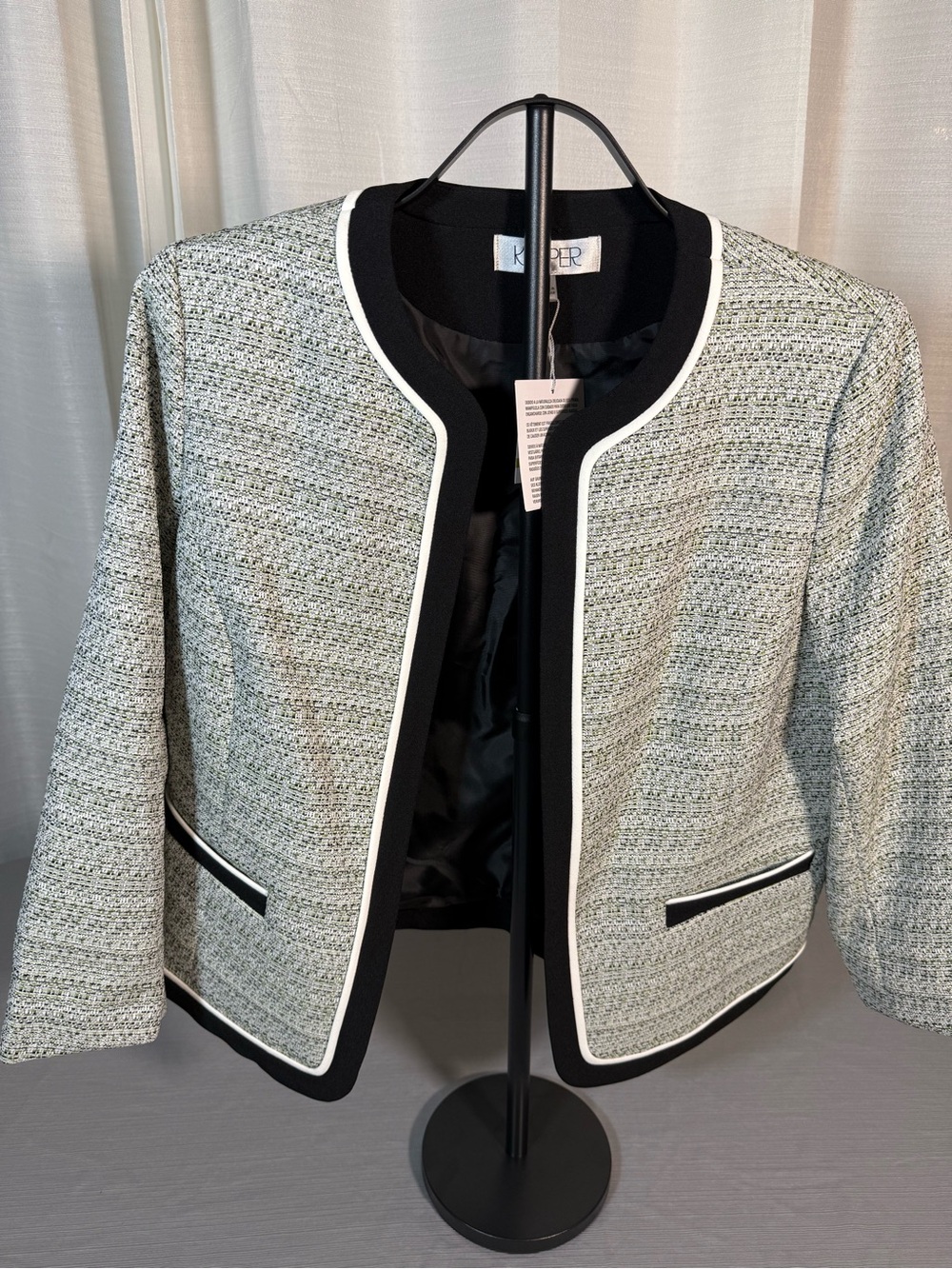 Kasper Black Trim White-Grey Tweed Open Jacket